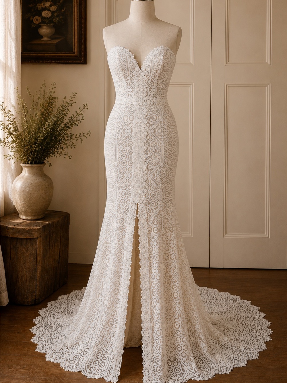 Lillian West Geometric Lace Sweetheart Fit and Flare Gown with Center Slit